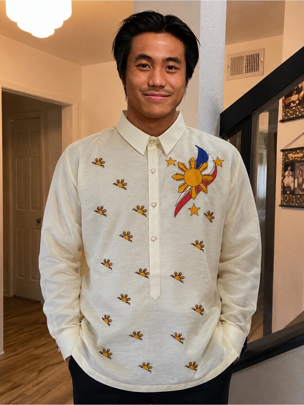 Embroidered Cream Men's Barong Tagalog Dress Shirt with Sun & Stars Motif